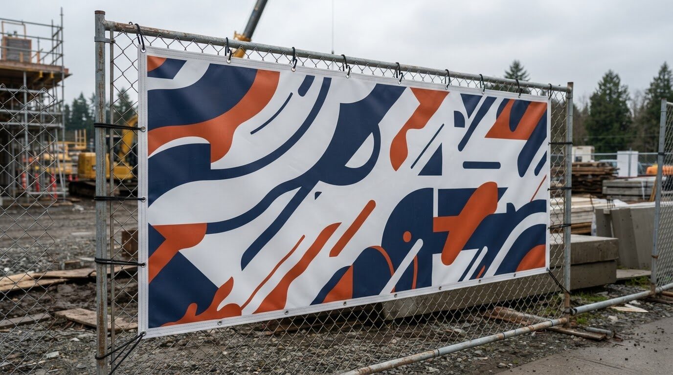 18oz heavy blockout scrim vinyl banner with grommets on a construction fence - ShopSign Houston