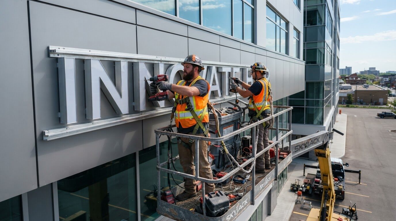 Sign installers on a boom lift mounting aluminium channel letters to a building fascia - ShopSign Houston