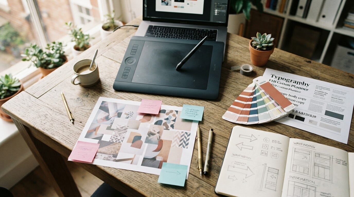 Brand content development desk with mood boards, colour swatches and layout sketches - ShopSign Houston