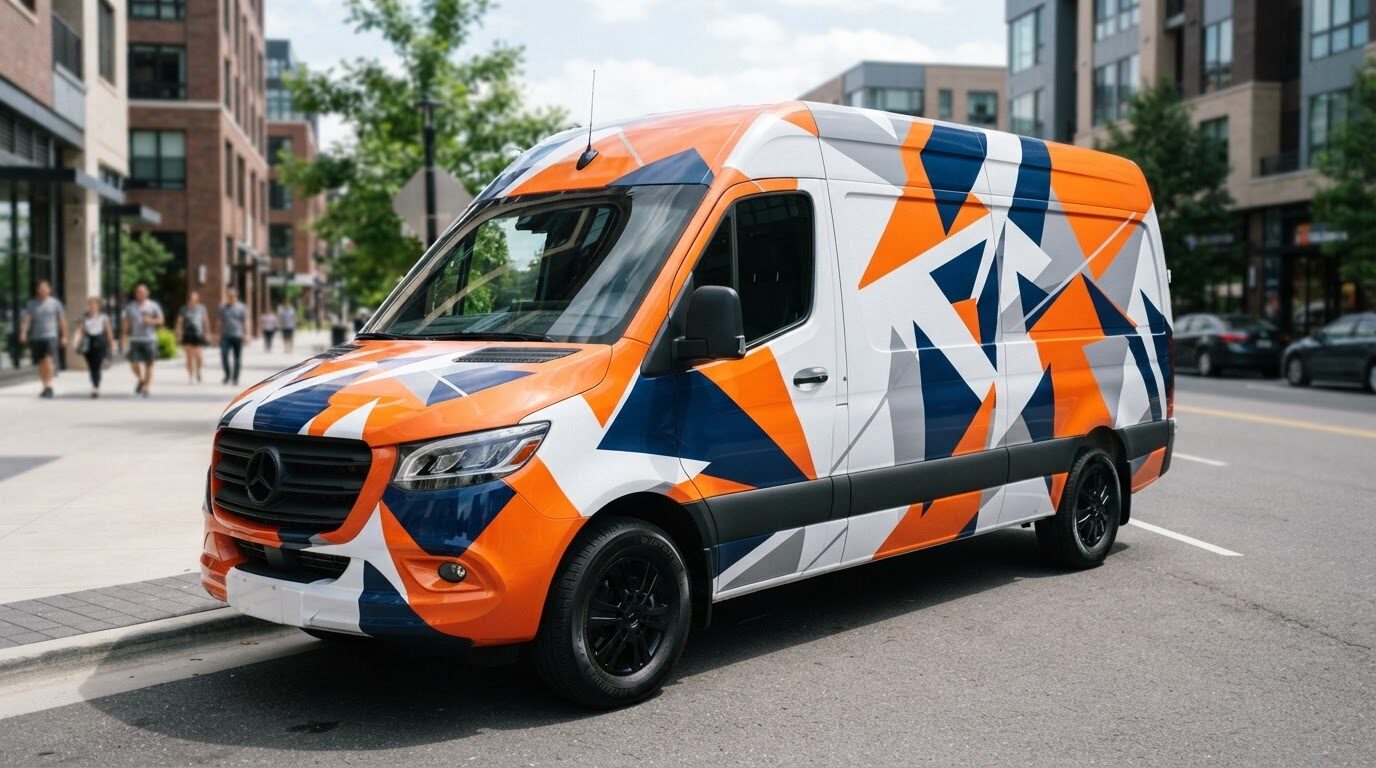 Full commercial vehicle wrap on a cargo van in orange and navy - ShopSign Houston