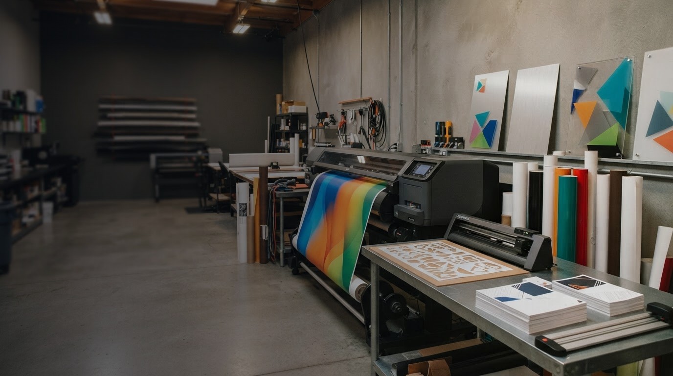 ShopSign Houston production floor with a large-format printer running a colour banner beside finished aluminium sign panels and printed brochures