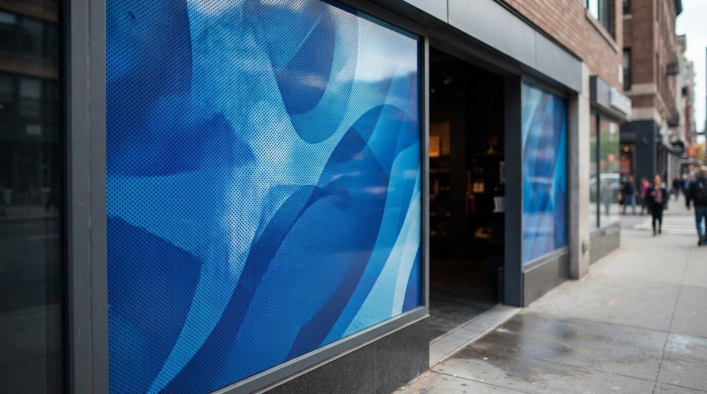 Perforated one-way vision window film printed and applied to a storefront window - ShopSign Houston