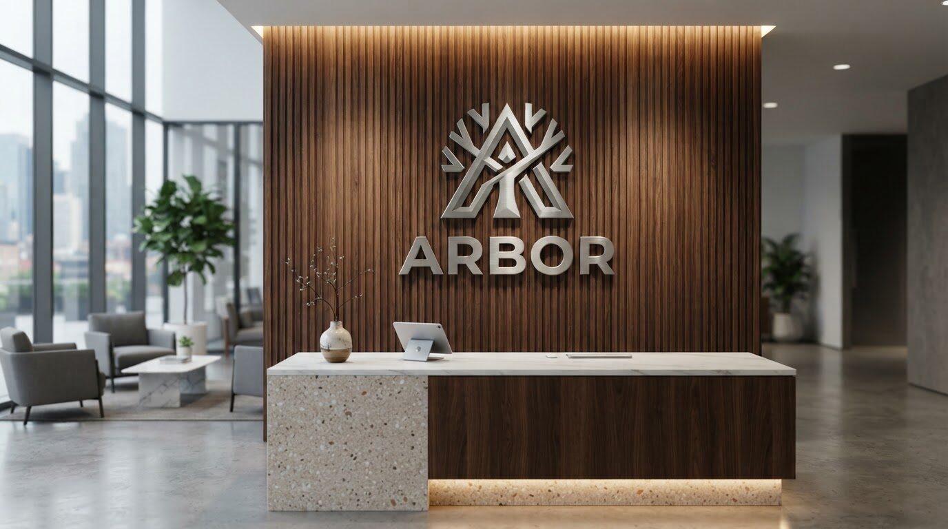 Brushed metal 3D dimensional logo on a corporate reception feature wall - ShopSign Houston