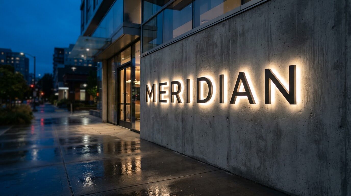 Reverse halo-lit back-lit channel letters on a concrete building facade at dusk - ShopSign Houston