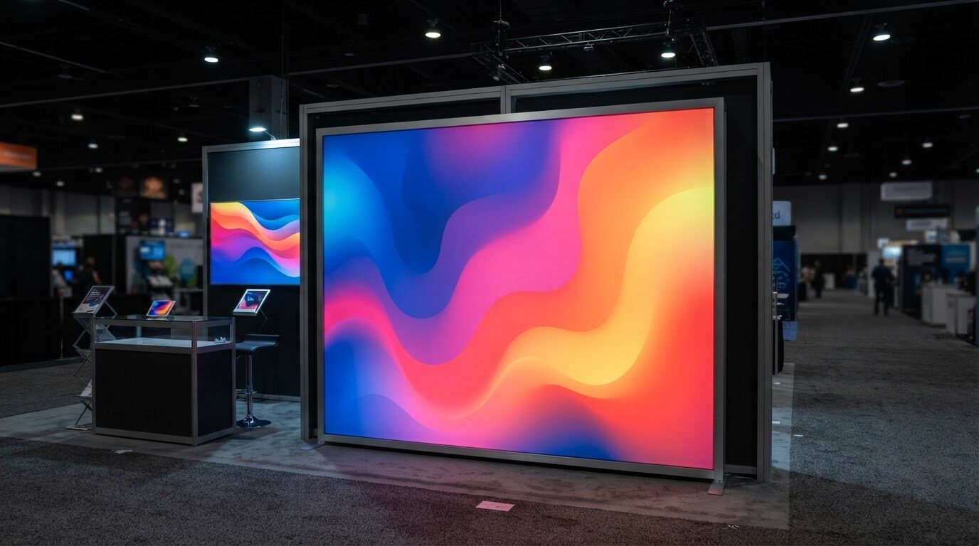Backlit SEG silicone edge graphic fabric lightbox display in an exhibition booth - ShopSign Houston