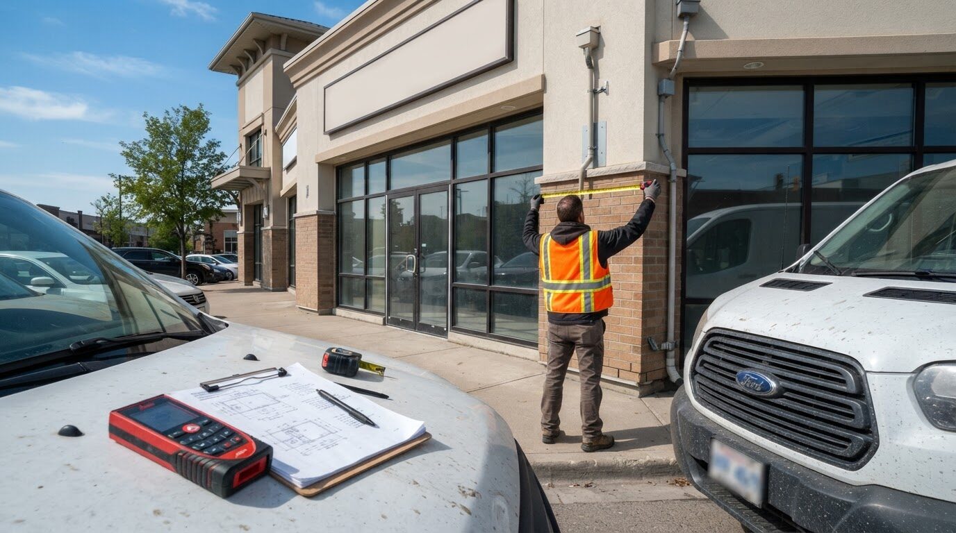 Site survey and permitting for commercial signage with tape measure and permit drawings - ShopSign Houston