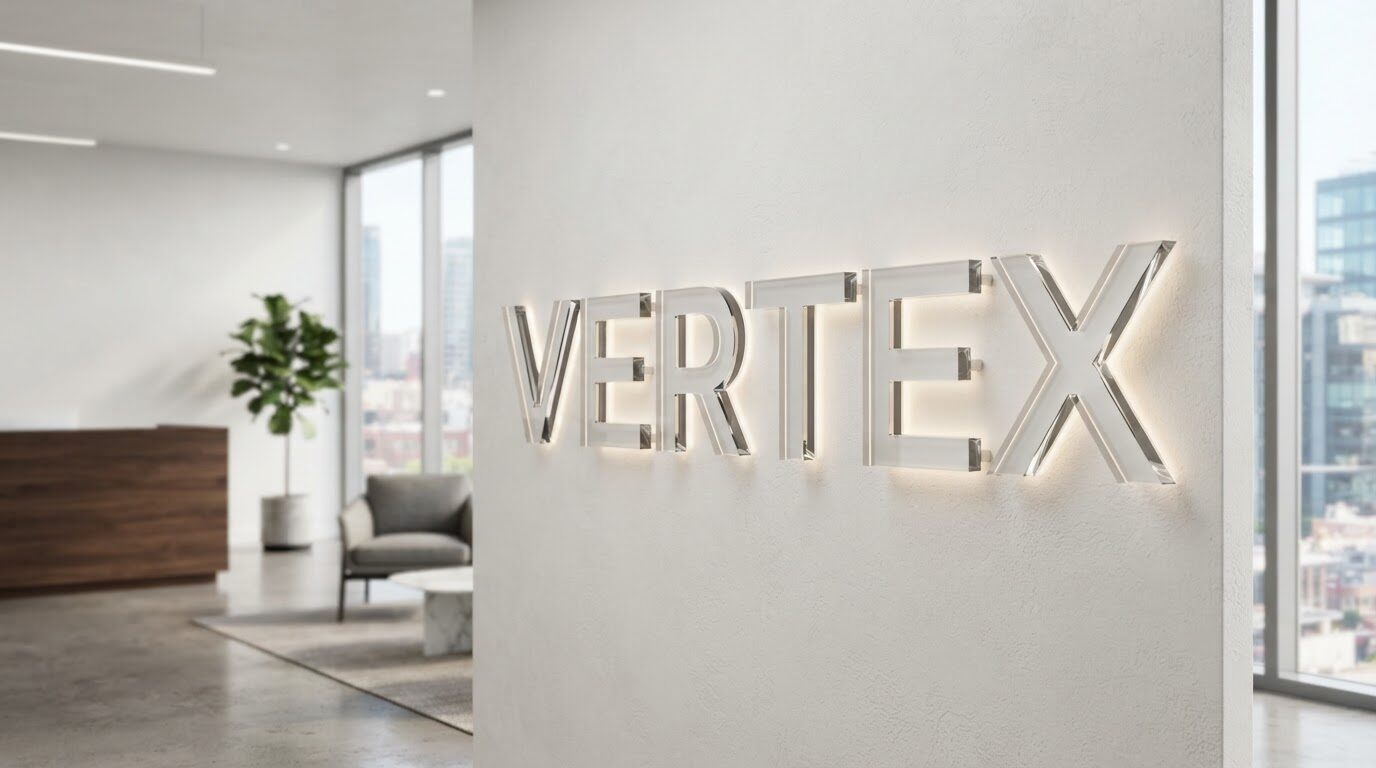 Trimless liquid acrylic 3D dimensional letters on an office reception wall - ShopSign Houston